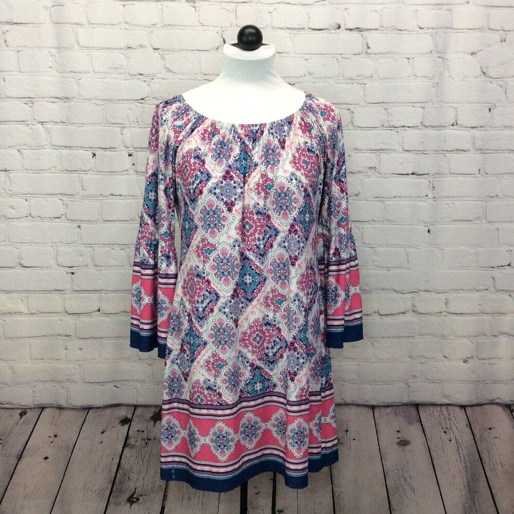 Mermaid Cove Shift Dress Women's Sm Peasant Style Bell Sleeves Geometric Beachy